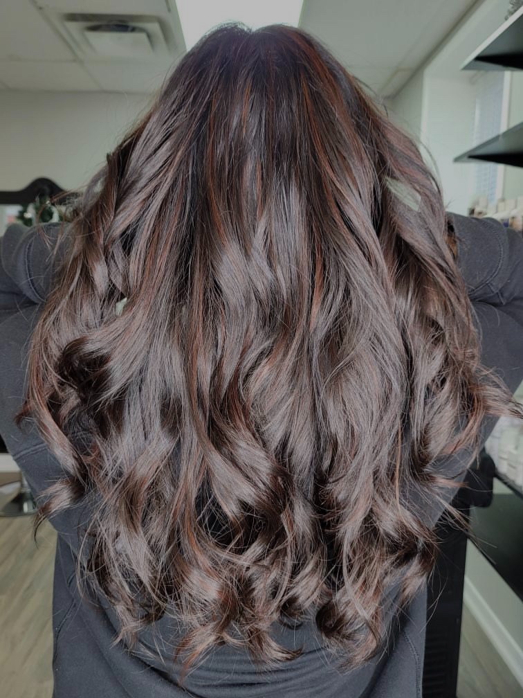 Brunette balayage and hair cut by Sania M Hairstylist, hairdresser based in Guelph.