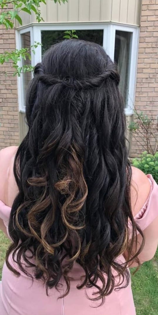 Half up - half down, hair curling hair style by Sania M Hairstylist, hairdresser based in Guelph.