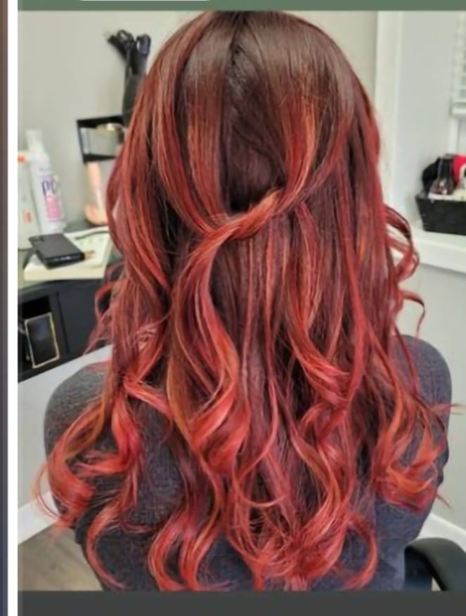 Red hair colour and hair cut by Sania M hairstylist, hairdresser based in Guelph.